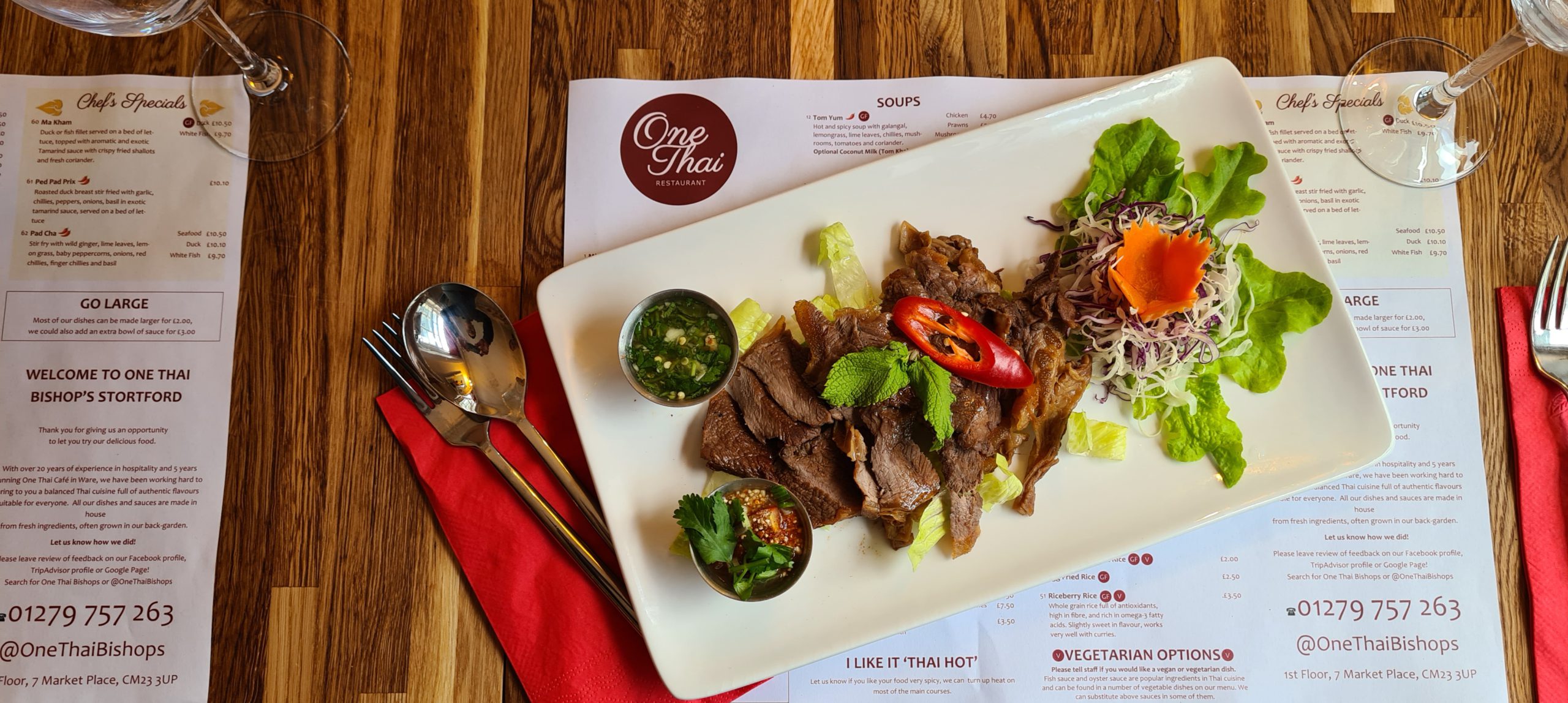 Thai style steak served in Thai restaurant at One Thai Restaurant in Bishops Stortford